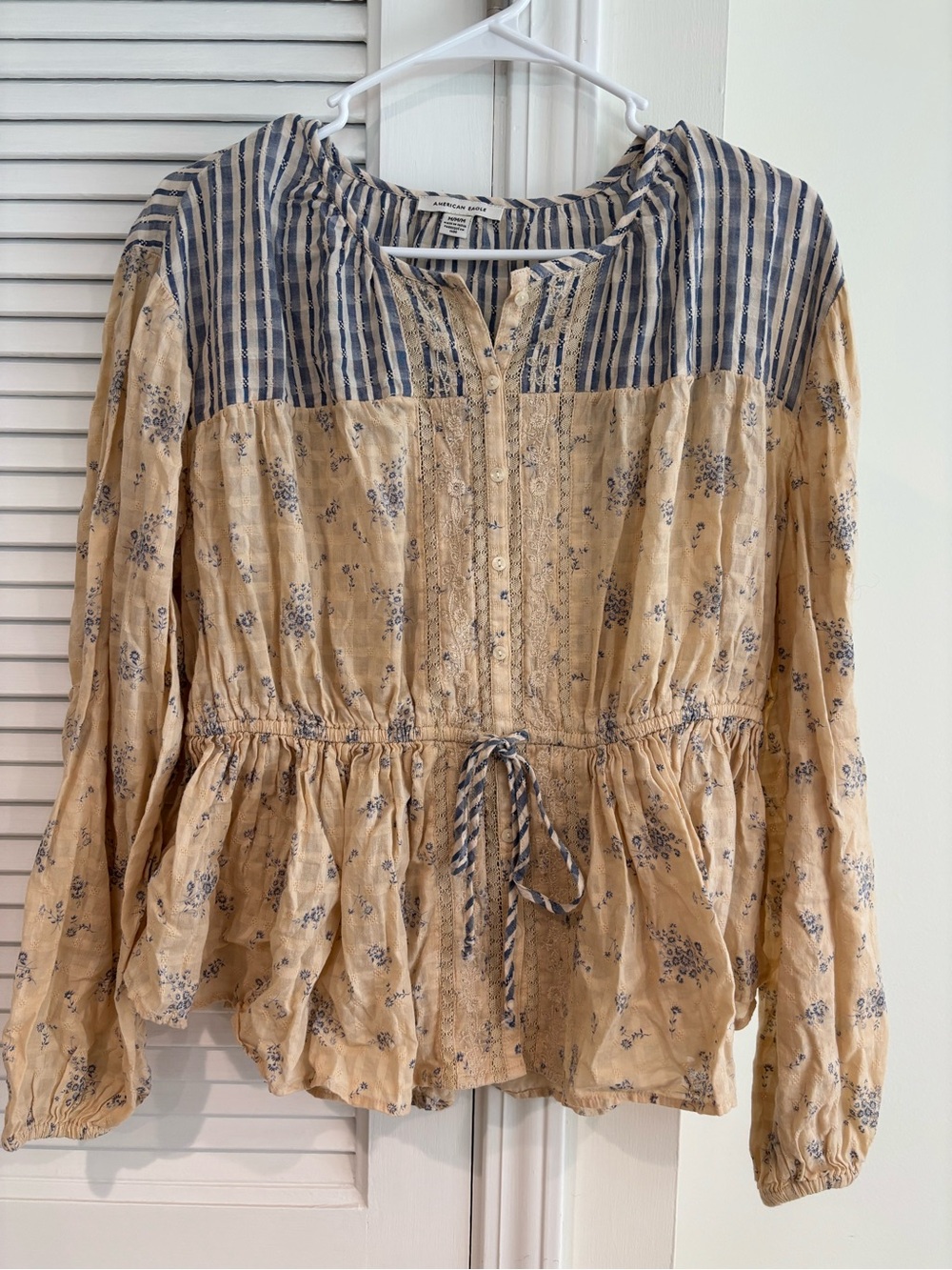 American Eagle Outfitters Tan and Navy Mixed-Print Flow Top